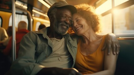 Older interracial sweet couple riding on the train, smiling and cuddling