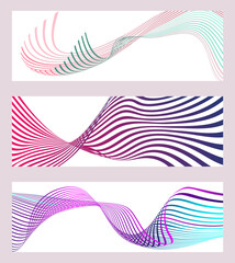 Wavy lines or ribbons. Set of 3 backgrounds. Multicolored striped gradient. Creative unusual background with abstract gradient wave lines to create a trendy banner, poster. vector eps
