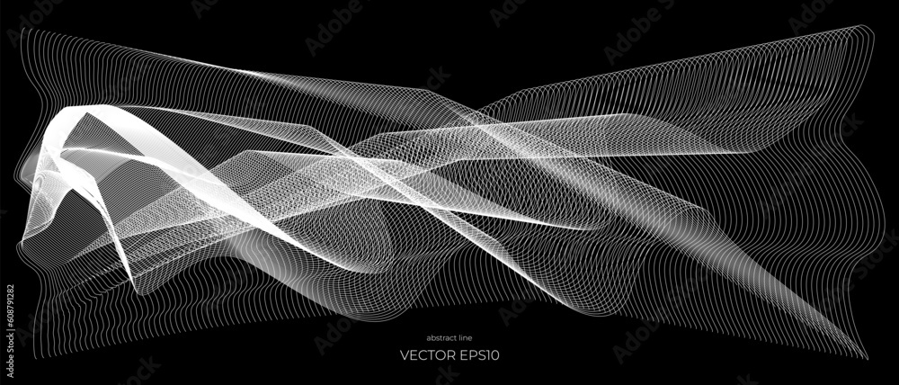 Poster Abstract wave speed swoosh element on black background. Abstract wave line for banner, wallpaper background with wave design. Vector background for your design