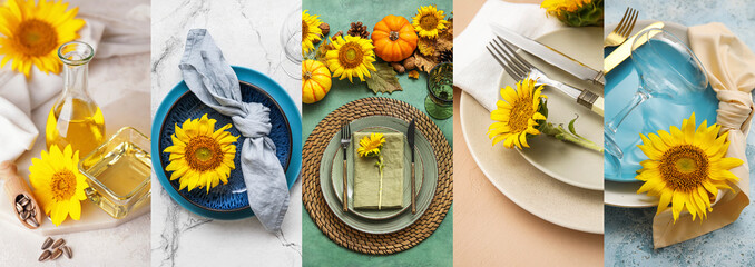 Collage of fresh sunflower oil and stylish table settings