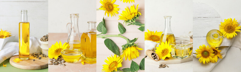 Collage of fresh sunflower oil and seeds on light background
