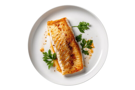 Baked Cod On White Plate, Isolated On Transparent Background, Png. Generative AI