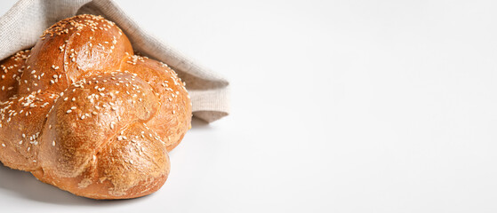Traditional challah bread on white background. Banner for design