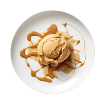 Dulce De Leche Ice Cream On White Plate, Isolated On Transparent Background, Png. Generative AI