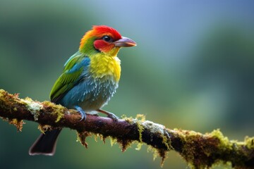 Red-headed barbet (Eubucco bourcierii) male sitting on a branch. Generative AI