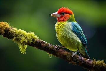 Obraz premium Red-headed barbet (Eubucco bourcierii) male sitting on a branch. Generative AI