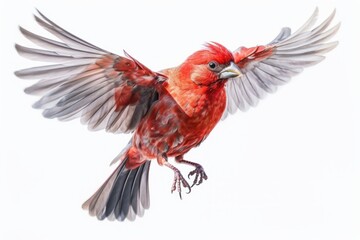 Red canary (Serinus canaria) flying against white background. Generative AI - obrazy, fototapety, plakaty