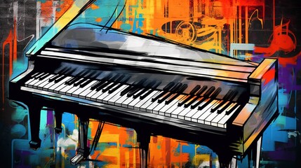 Generative AI, Jazz music street art with piano musical instrument silhouette. Ink colorful graffiti art on a textured wall, canvas background