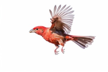 Red canary (Serinus canaria) flying against white background. Generative AI