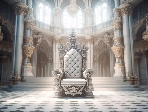 Decorated empty throne hall. White throne.