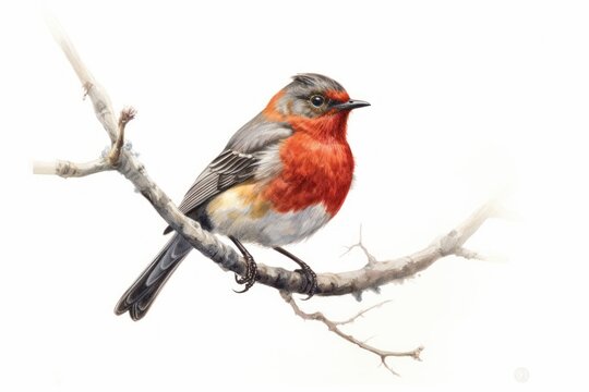 Red robin on a branch on white. Generative AI