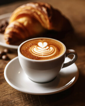 cup of cappuccino coffee with croissants on wooden table