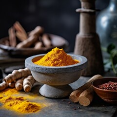 mortar and pestle containing turmeric powder and other spices, accompanied by some fresh turmeric roots on a kitchen countertop