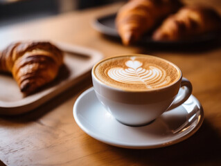 cup of cappuccino coffee with croissants on wooden table - obrazy, fototapety, plakaty