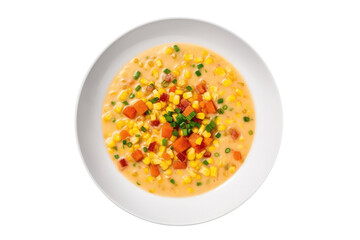 Yam And Corn Chowder On White Plate, Isolated On Transparent Background, Png. Generative AI