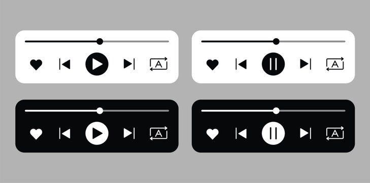 Music player play pause forward backward user interface (ui) design background. Light and dark color theme