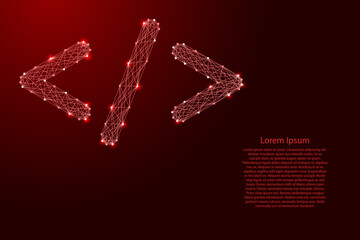 Web coding development concept, angle brackets and slash, from futuristic polygonal red lines and glowing stars. Low poly concept. Vector illustration.