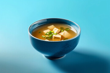 traditional japanese miso soup with tofu and spring onions, isolated on a blue background, created with generative ai