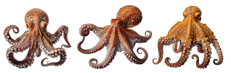 Octopus, many angles and view portrait side back head shot isolated on transparent background cutout, PNG file