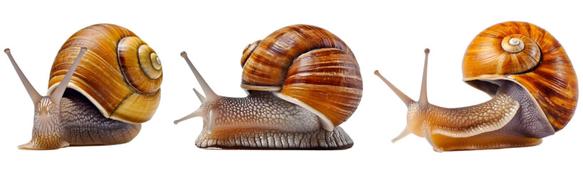 Snail, many angles and view portrait side back head shot isolated on transparent background cutout, PNG file,