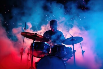 The drummer plays the drums. Beautiful blue and red background. Generative AI