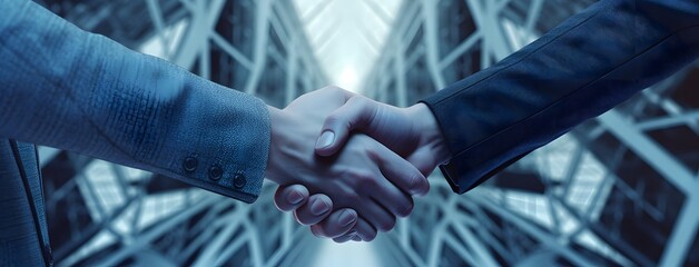 two people in suits shaking hands in front of other background, in the style of futurist elements, technological, business man