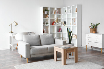 Interior of light living room with grey couch, table and shelving unit