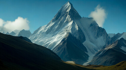 Fototapeta premium Beautiful shots of a mountainous landscape, showcasing the grandeur of the peak. 8k, Uhd, full hd, realistic realistic, hyper realistic, 8k, UHD, front side, full view, front view. Generative Ai