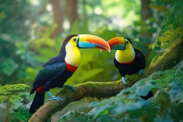 Toucan sitting on the branch in the forest green vegetation. Generative AI