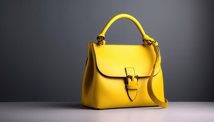 Beautiful trendy smooth youth women's handbag in bright yellow color on a gray studio background.