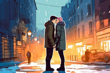 Gay couple kissing in the street, illustration