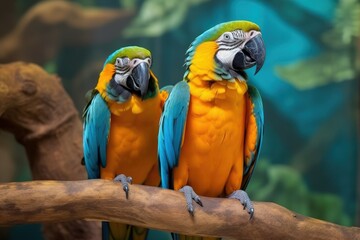 Fototapeta na wymiar Two vivid and colorful Ara Parrot birds sitting together. Generative AI