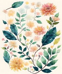 Watercolor drawing with chrysanthemums and leaves. Mother's Day card. Floral pattern for wallpaper or fabric. Templates for design, botanical illustration in watercolor style. Generative AI