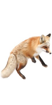 a Beautiful Red Fox, walking/trotting, sly and crafty, fluffy, Wildlife-themed, photorealistic illustrations in a PNG, cutout, and isolated. Generative AI