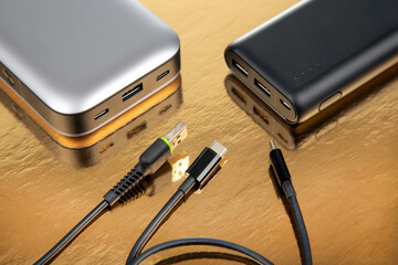Powerbank portable on a golden background. Electronic devices for charging gadgets and smartphones