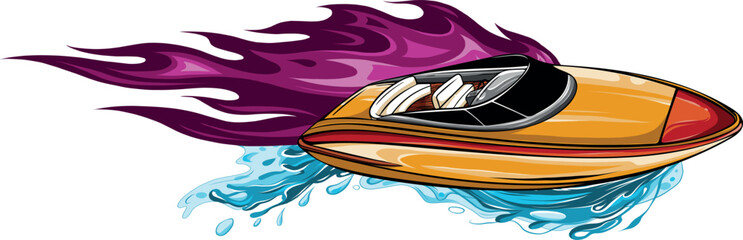 vector illustration of sea boat with flames - 608797449