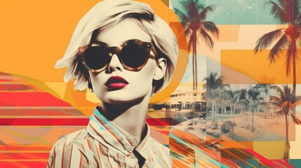 Obraz na płótnie Canvas Woman collage portrait, vintage style, summer and holidays concept. Ai Generative.