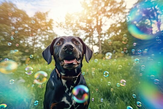 a dog is playing with bubbles in a grassy field Generative AI