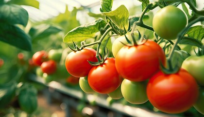 Ripe juicy red tomatoes in the greenhouse