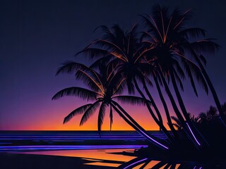 Fototapeta na wymiar Abstract futuristic sunset lit up with neon beach. ai generative
