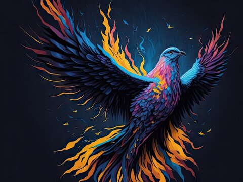 Abstract art Colorful painting art of a dove of peace on black background. ai generative
