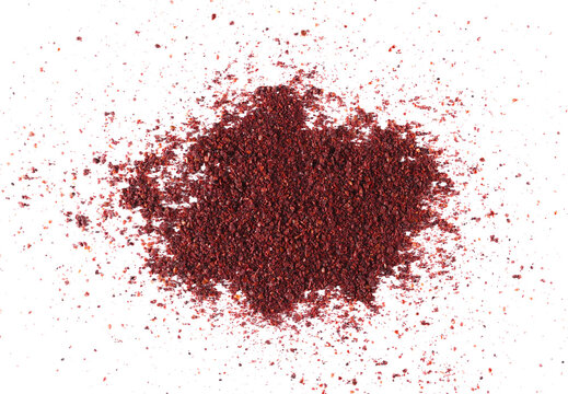 Ground sumac spice, pile isolated on white, top view 