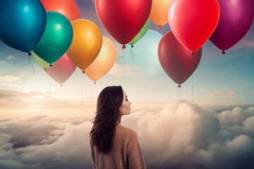 Girl on the background of balloons on a blue sky. Generative AL