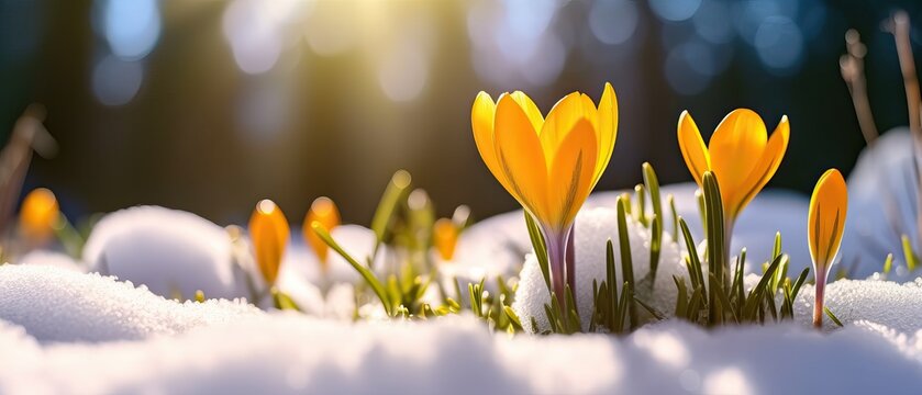 The first spring flowers yellow crocuses on the snow in nature in the rays of sunlight close-up macro