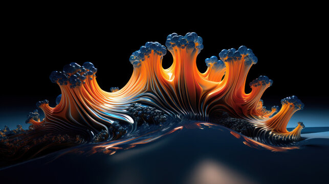 Fluid Fusion: Fractal Bio-Evolution in Orange and Blue Ferrofluid. Generative AI
