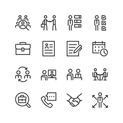 Interview, linear style icons set. Getting job, interviewing a supervisor. Headhunter. Communication between employer and candidate. Resume, assessment of professional qualities. Editable stroke width