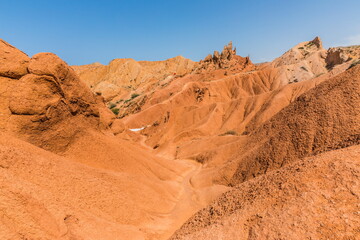 Skazka (Fairytale) Canyon - the most unusual and picturesque gorge on the southern shore of Issyk-Kul, the main attraction in the vicinity of the lake, Kyrgyzstan