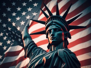 Statue of Liberty on the background of the american flag. ai generative
