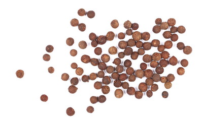 Allspice, pimento spice, Jamaican pepper isolated on white, top view