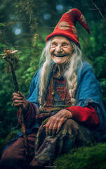 A old female gnome in the undergrowth, wearing a patched dress and a high red cap on her head, her appearance is joyful and smiling - ai generative